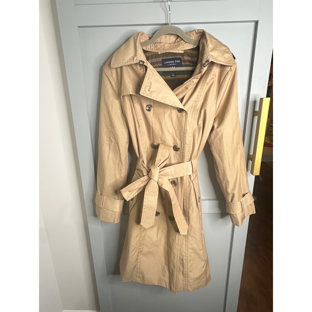 London Fog Womens Tan Double Breasted Trench Coat Removable Hood Belted XL